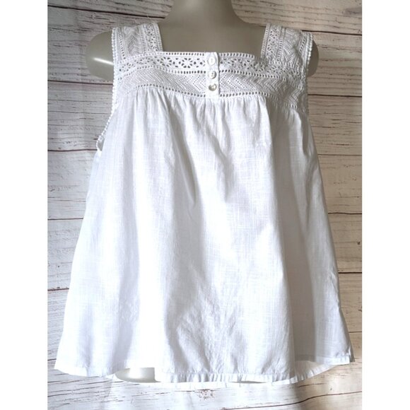 Sigrid Olsen Sleepwear Top Square Neckline WhitePeasant Style Cotton Lace Size L - Picture 1 of 11